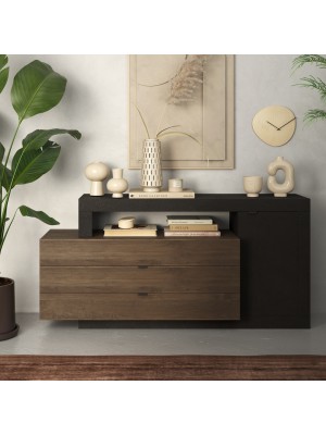 vista ambientata frontale Madia in legno colore "Lava/Rovere Mercure" 1 ante e 3 cassetti made in italy modello Nidus Totò Piccinni