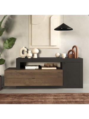 Vista ambientata Madia in legno colore "Lava/Rovere Mercure" 1 anta e 2 cassetti made in italy modello Nidus Totò Piccinni
