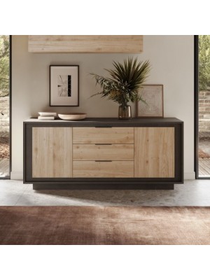 Vista ambientata frontale Madia in Legno colore "Lava/Rovere Cadiz" 2 ante e 3 cassetti made in italy modello Avalon Totò Piccinni