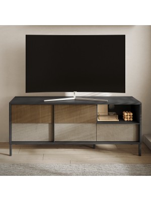 vista ambientata frontale Mobile Porta Tv in legno colore "Lava/Argilla" 2 ante e 1 cassetto made in italy modello Kaleido Totò Piccinni 