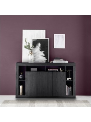 vista frontale ambientata Madia in legno colore "Nero Bruciato" 3 ante e 6 vani made in italy modello Brio Totò Piccinni