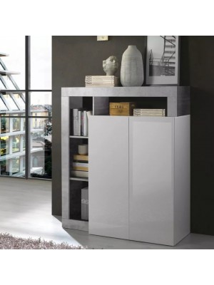 Vista ambientata frontale Madia in legno Bianco Lucido/Cemento 2 ante e 4 vani made in italy modello Gemma Totò Piccinni