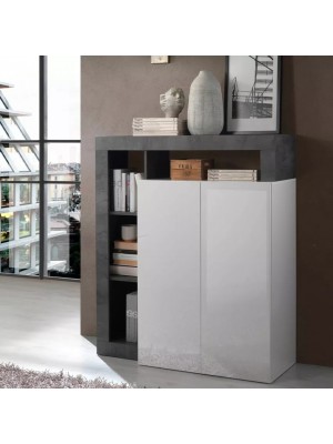 Vista ambientata diagonale Mobile Contenitore in Legno colore "Bianco Lucido/Ossido" 2 ante e 4 vani made in italy modello Gemma Totò Piccinni