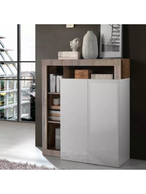 Vista ambientata diagonale Mobile Contenitore in legno colore "Bianco Lucido/Pero" 2 ante e 4 vani made in italy modello Gemma Totò Piccinni