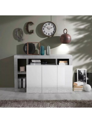 vista ambientata frontale Madia in legno colore "Bianco Lucido/Cemento" con 3 ante e 4 vani made in italy modello Gemma Totò Piccinni