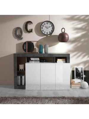 vista ambientata frontale Madia in legno colore "Bianco Lucido/Ossido" con 3 ante e 4 vani made in italy modello Gemma Totò Piccinni