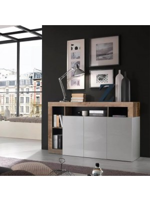 vista ambientata frontale Madia in legno colore "Bianco Lucido/Pero" con 3 ante e 4 vani made in italy modello Gemma Totò Piccinni