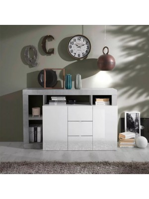 vista ambientata frontale Madia in legno colore "Bianco Lucido/Cemento" con 2 ante 3 cassetto e 4 vani made in italy modello Gemma Totò Piccinni