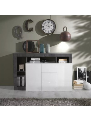 vista ambientata frontale Madia in legno colore "Bianco Lucido/Ossido" con 2 ante 3 cassetto e 4 vani made in italy modello Gemma Totò Piccinni