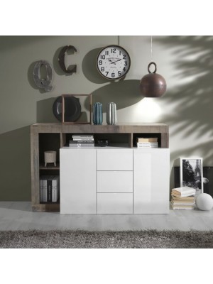 vista ambientata frontale Madia in legno colore "Bianco Lucido/Pero" con 2 ante 3 cassetto e 4 vani made in italy modello Gemma Totò Piccinni