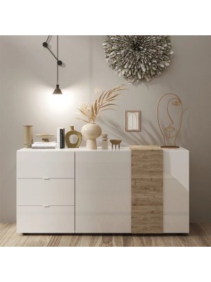 Vista ambientata frontale Madia in Legno colore "Bianco Lucido/Rovere Cadiz" 2 ante e 3 cassetti made in italy modello Krea Totò Piccinni 
