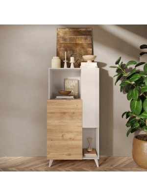 vista ambientata frontale Credenza in Legno colore "Bianco Lucido/Rovere Cadiz" 2 ante e 2 vani made in italt modello Clou Totò Piccinni
