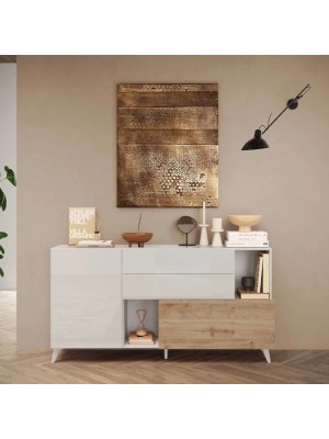 vista ambientata frontale Madia in legno colore "Bianco Lucido/Rovere Cadice" 2 ante 2 cassetti e 2 vani made in italy modello Clou Totò Piccinni