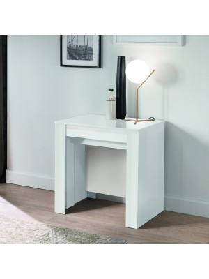 vista ambientata chiuso Tavolo consolle allungabile in legno colore Bianco Lucido made in italy modello Kinto Totò Piccinni