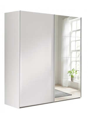 Vista diagonale con ante chiuse Armadio moderno in legno struttura Rovere Artisan con 2 ante scorrevoli, 1 Bianco Opaco e 1 a Specchio modello Sliding Totò Piccinni