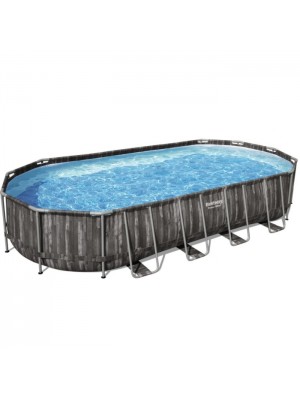 Bestway Set Piscina Fuori Terra Ovale, Power Steel, Effetto Legno Scuro 732x366x122 (cm) con pompa filtro a cartuccia
