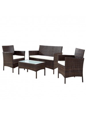 vista completa set praga in polyrattan marrone con cuscini