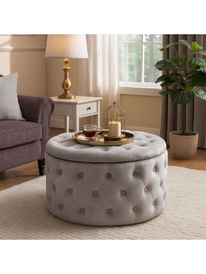Vista ambientata Pouf contenitore da salotto in Velluto colore Grigio Diametro 70cm modello Oulad Totò Piccinni