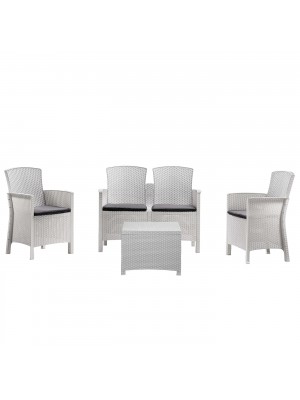 Set da giardino in rattan colore Bianco divano 2 poltrone e tavolino con cuscini modello Lido Totò Piccinni