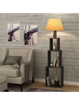 Vista ambientata Lampada da terra con mensole salvaspazio colore Antracite/Giallo modello Tower Lamp Totò Piccinni