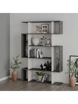 Vista diagonale ambientata Libreria in Legno colore "Cemento/Bianco Antico" con 6 ripiani modello Mivo Totò Piccinni