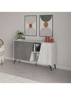 Vista ambientata Madia ni legno colore "Cemento/Carrara" con 3 ante e 2 vani modello Loft Totò Piccinni