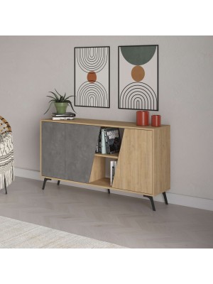 Vista ambientata Madia in legno colore "Naturale/Cemento" con 3 ante e 2 vani modello Loft Totò Piccinni