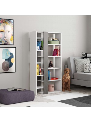 Vista ambientata Libreria in legno colore bianco/cemento con 10 ripiani modello Lift Totò Piccinni