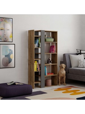 Vista ambientata Libreria in legno colore rovere antico/antracite con 10 ripiani modello Lift Totò Piccinni