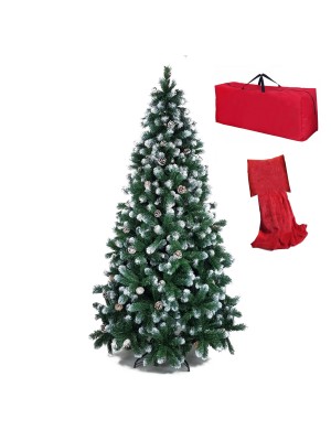 Albero di Natale Verde innevato con fiocchi di neve bianco effetto realistico con borsone e cuscino plaid regalo Noel Totò Piccinni