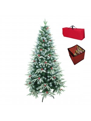 Albero Innevato di Natale Berry decorato con punte innevate e bacche rosse. Incluso Borsone rosso e porta palline e decorazioni natalizie