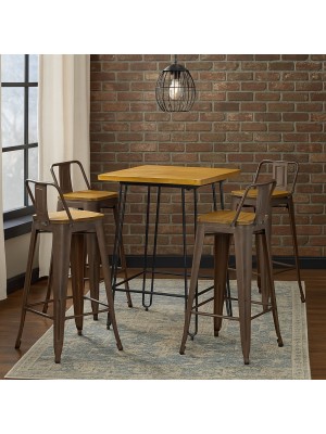 Vista ambientata Set industry in metallo con sgabelli in metallo con seduta in legno colore Bronzo design industriale Totò Piccinni