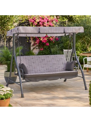 vista ambientata dondolo da giardino zanzibar 3 posti con struttura in ferro e schienale reclinabile colore antracite