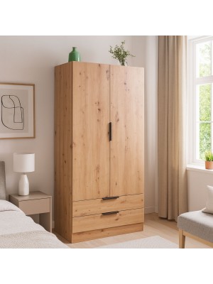 Vista ambientata Armadio da camera da letto in legno colore "Rovere Artisan" 2 ante e 2 cassetti Totò Piccinni