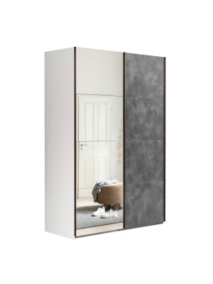 Vista diagonale con ante chiuse Armadio moderno in legno struttura Bianco con 2 ante scorrevoli, 1 anta Cemento e 1 a Specchio  modello Sliding Totò Piccinni