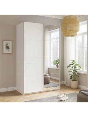 Vista ambientata Armadio in legno struttura Bianca con due ante scorrevoli, 1 Bianco Lucido e 1 a Specchio modello Sliding Totò Piccinni