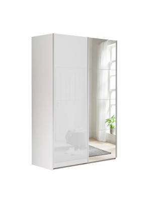Vista diagonale Armadio in legno struttura Bianca con due ante scorrevoli, 1 Bianco Lucido e 1 a Specchio modello Sliding Totò Piccinni