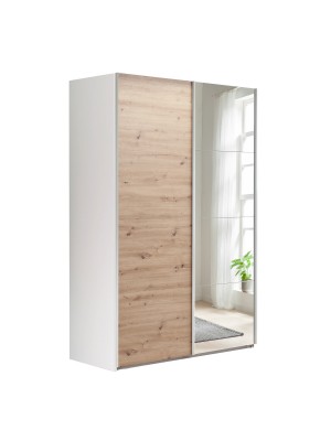 Vista diagonale Armadio in legno struttura Bianca con due ante scorrevoli, 1 Rovere Artisan e 1 a Specchio modello Sliding Totò Piccinni