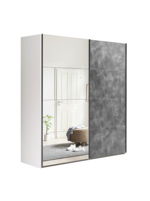 Vista diagonale Armadio in legno struttura Bianca con due ante scorrevoli, 1 Grigio Cemento e 1 a Specchio modello Sliding Totò Piccinni