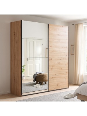 Vista ambientata Armadio in legno struttura Rovere Artisan con due ante scorrevoli, 1 Rovere Artisan e 1 a Specchio modello Sliding Totò Piccinni