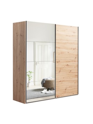 Vista diagonale Armadio in legno struttura Rovere Artisan con due ante scorrevoli, 1 Rovere Artisan e 1 a Specchio modello Sliding Totò Piccinni
