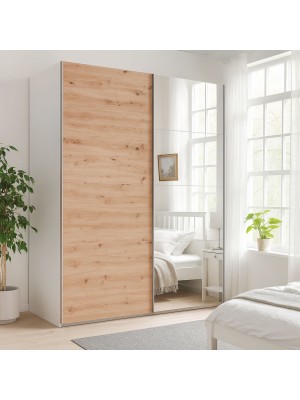 Vista ambientata Armadio in legno struttura Bianco con due ante scorrevoli, 1 Rovere Artisan e 1 a Specchio modello Sliding Totò Piccinni