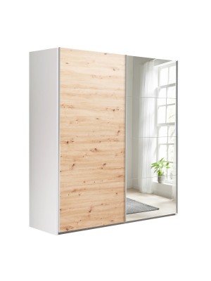 Vista diagonale Armadio in legno struttura Bianco con due ante scorrevoli, 1 Rovere Artisan e 1 a Specchio modello Sliding Totò Piccinni