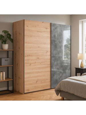 Vista ambientata Armadio in legno struttura Rovere Artisan con due ante scorrevoli, 1 Rovere Artisan e 1 Grigio Cemento modello Sliding Totò Piccinni