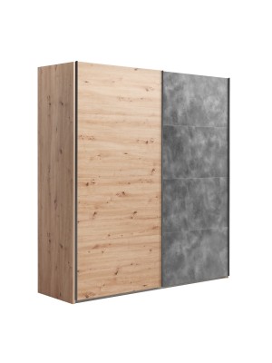 Vista diagonale Armadio in legno struttura Rovere Artisan con due ante scorrevoli, 1 Rovere Artisan e 1 Grigio Cemento modello Sliding Totò Piccinni
