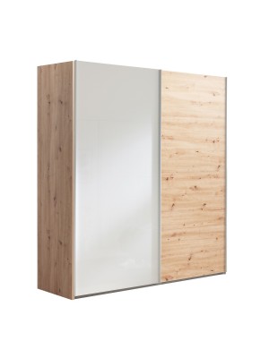 Vista diagonale Armadio in legno struttura Rovere Artisan con due ante scorrevoli, 1 Rovere Artisan e 1 Bianco Lucido modello Sliding Totò Piccinni