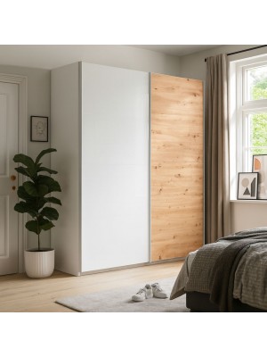 Vista ambientata Armadio in legno struttura Bianco con due ante scorrevoli, 1 Bianco Lucido e 1 Rovere Artisan modello Sliding Totò Piccinni