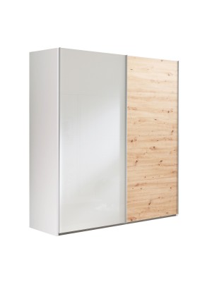 Vista diagonale Armadio in legno struttura Bianco con due ante scorrevoli, 1 Bianco Lucido e 1 Rovere Artisan modello Sliding Totò Piccinni