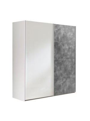 Vista diagonale Armadio in legno struttura Bianco con due ante scorrevoli, 1 Grigio Cemento e 1 Bianco Lucido modello Sliding Totò Piccinni