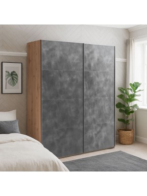 Vista ambientata Armadio in legno struttura Rovere Artisan con due ante scorrevoli, Grigio Cemento modello Sliding Totò Piccinni